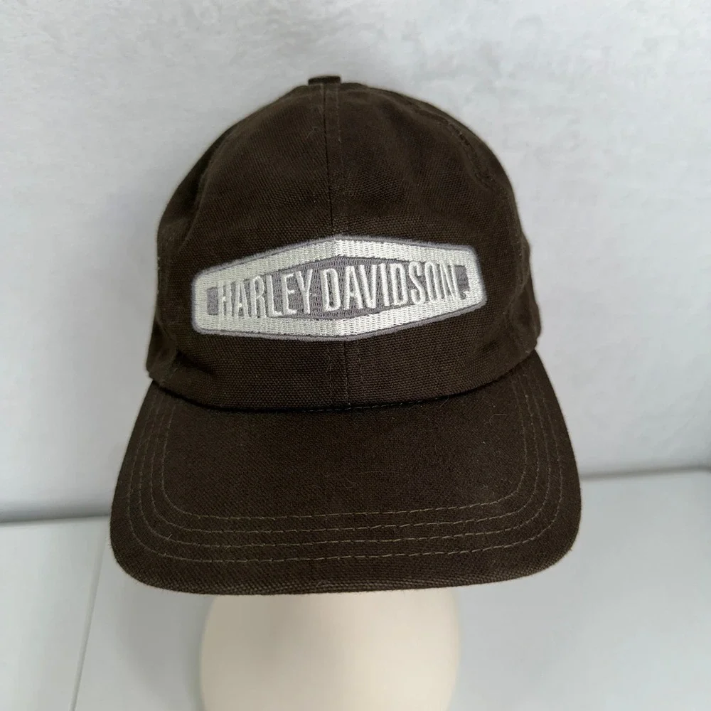 Harley Davidson Hat Dad Cap Brown Canvas Leather Strapback Embroidered Biker